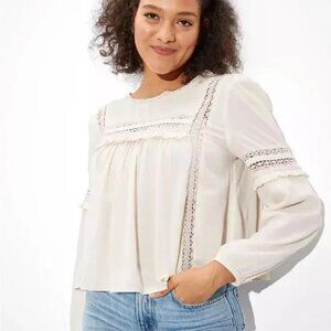 American Eagle high neck babydoll blouse Lace Ivory Cream Boho Victorian Eyelet